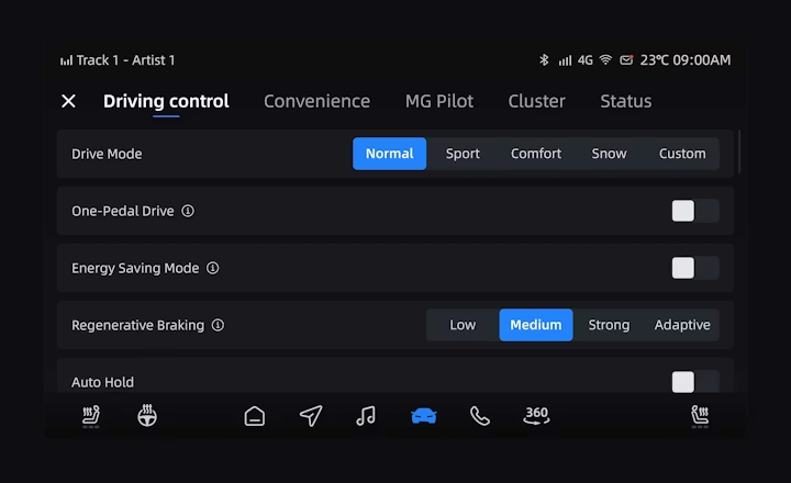 MG4 EV mit fünf Fahrmodi – Normal, Sport, Komfort, Schnee und Individuell